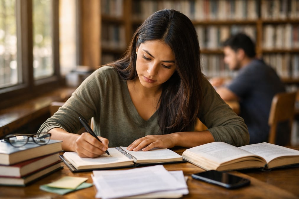 A young Mexican professional studying at a public library, books and a notebook spread out, focused concentration