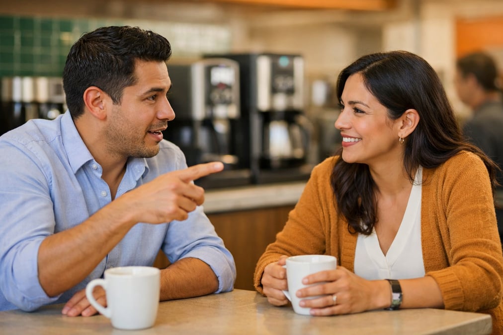 Two Mexican coworkers having an informal conversation in a company cafeteria, coffee machines in the background, one pointing and explaining something