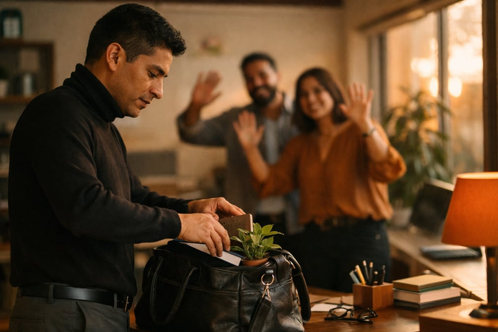 A young Mexican professional packing personal items from a desk into a bag, colleagues waving goodbye in the background, late afternoon office scene