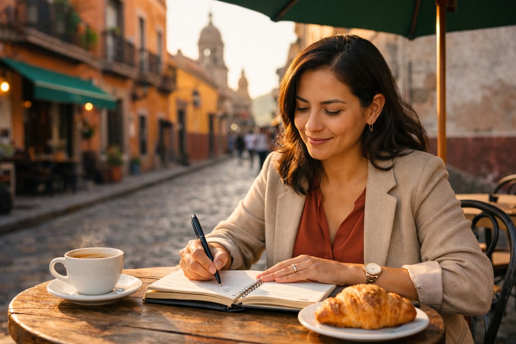 A woman writing notes in a planner at a café terrace in a Mexican colonial town, coffee and pastry on the table, cobblestone street visible