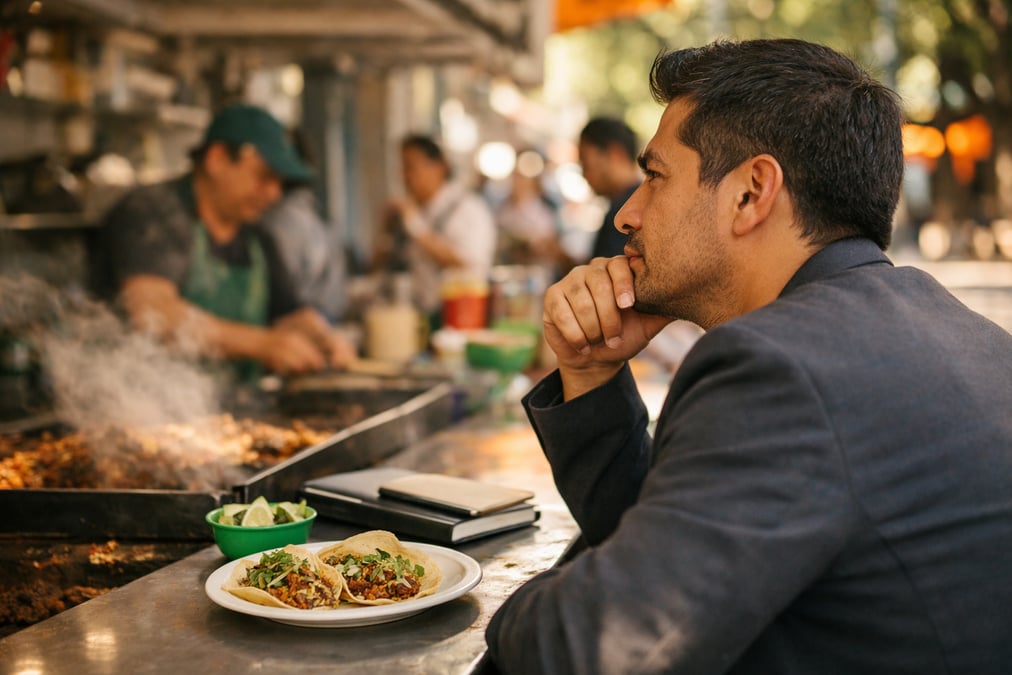 A Mexican professional sitting at a taco stand near his office during lunch break, thinking deeply with a notebook beside his plate, casual street food scene with steam rising
