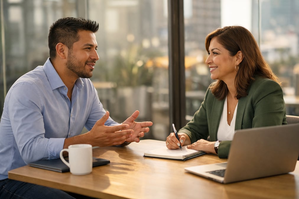 A Mexican professional man in a meeting room having a one-on-one conversation with an HR manager across a small table, glass walls, modern Guadalajara office