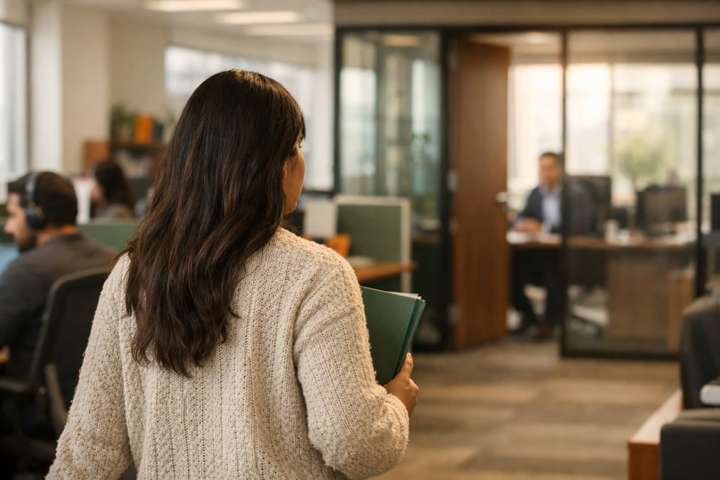A Mexican employee walking through an open-plan office toward a manager's corner office, carrying a folder, determined expression