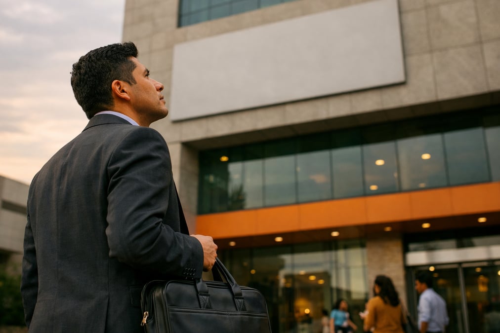 A Mexican man standing outside an office building, looking up at the corporate logo area on the building facade, briefcase in hand
