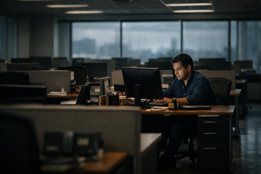 An empty row of office desks with only one occupied, a lone worker focused on their screen, large corporate floor