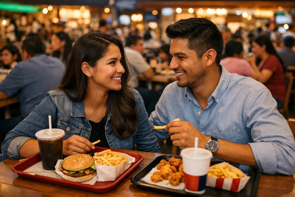A young Mexican couple at a crowded food court in a shopping mall, trays of fast food on the table, busy weekend atmosphere