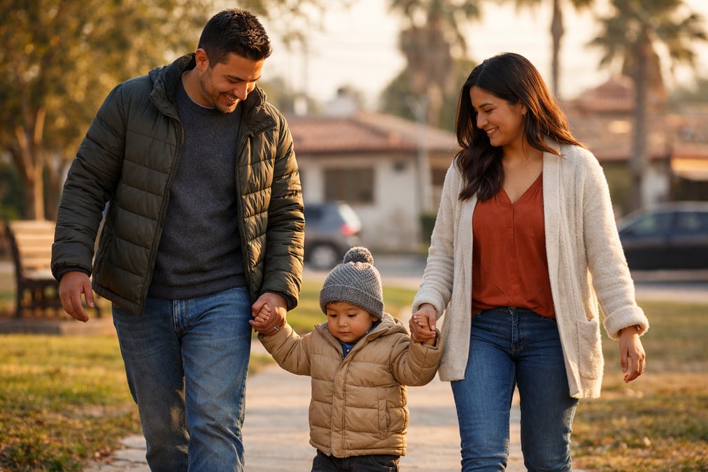 A Mexican family walking through a neighborhood park on a quiet Sunday morning, parents with a toddler, modest houses in the background