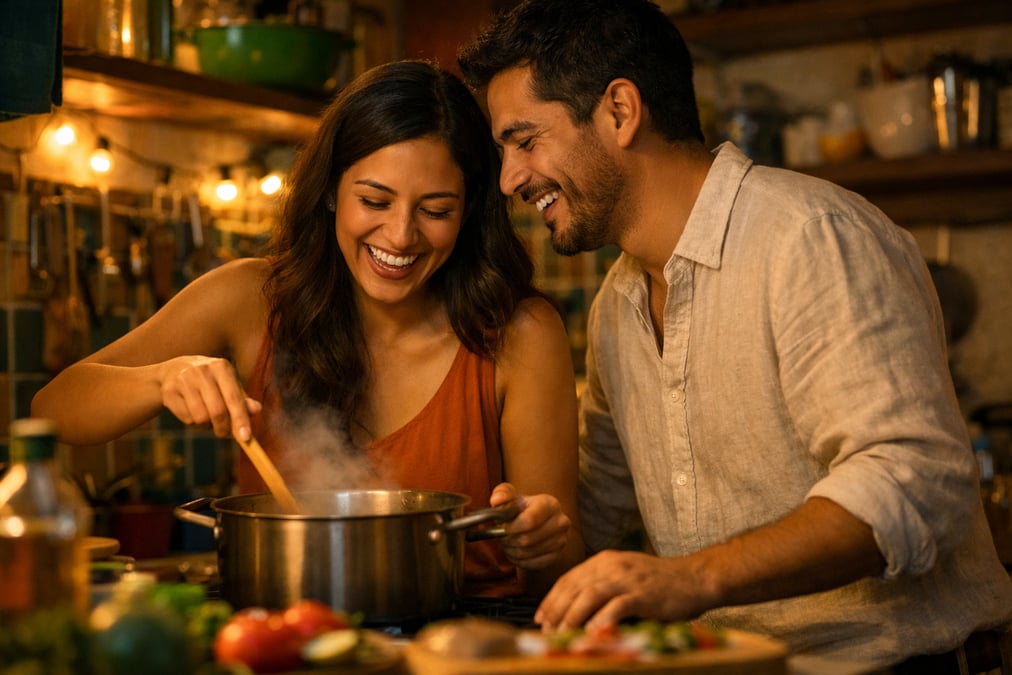 A young Mexican couple cooking dinner together in their small colorful kitchen, laughing while stirring a pot, evening light