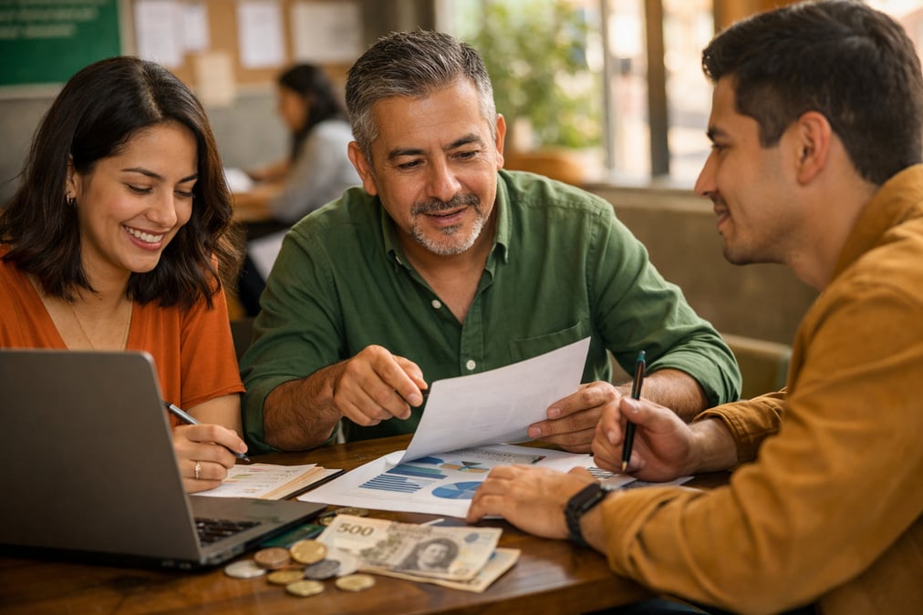 A young Mexican office worker at a government service counter (ventanilla) doing a bureaucratic procedure, waiting area with other people seated, institutional fluorescent lighting