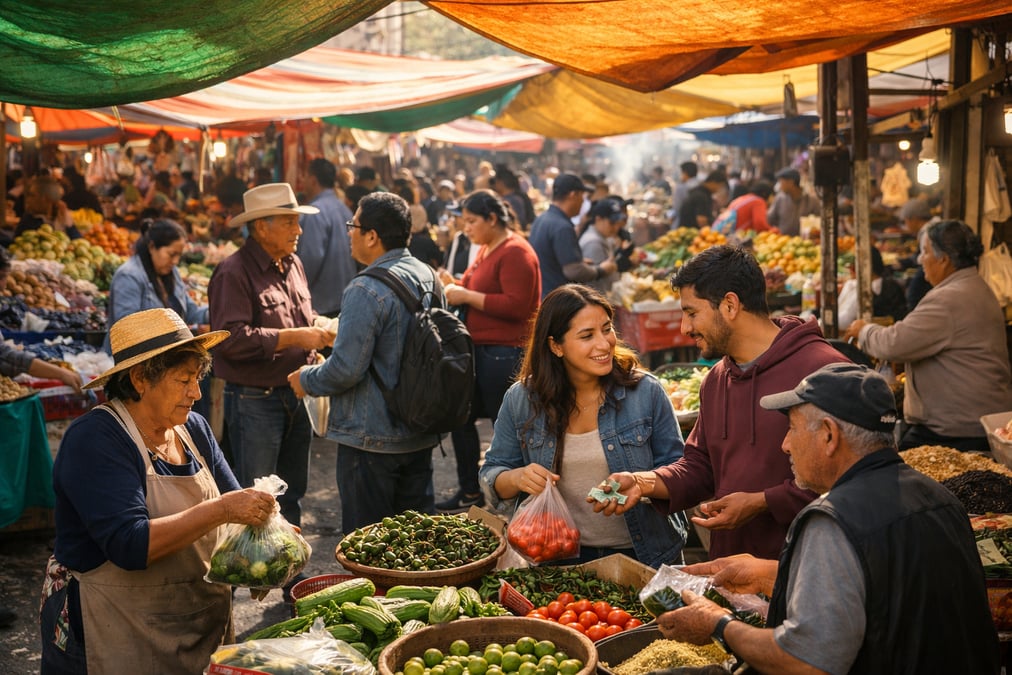 A busy Mexican tianguis (open-air street market) in January, vendors and shoppers negotiating, colorful tarps above