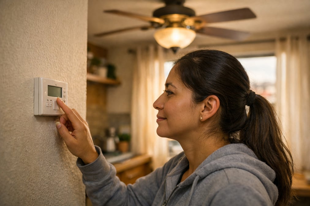 A Mexican woman adjusting the thermostat on the wall of her small apartment, ceiling fan above, warm afternoon light through curtains