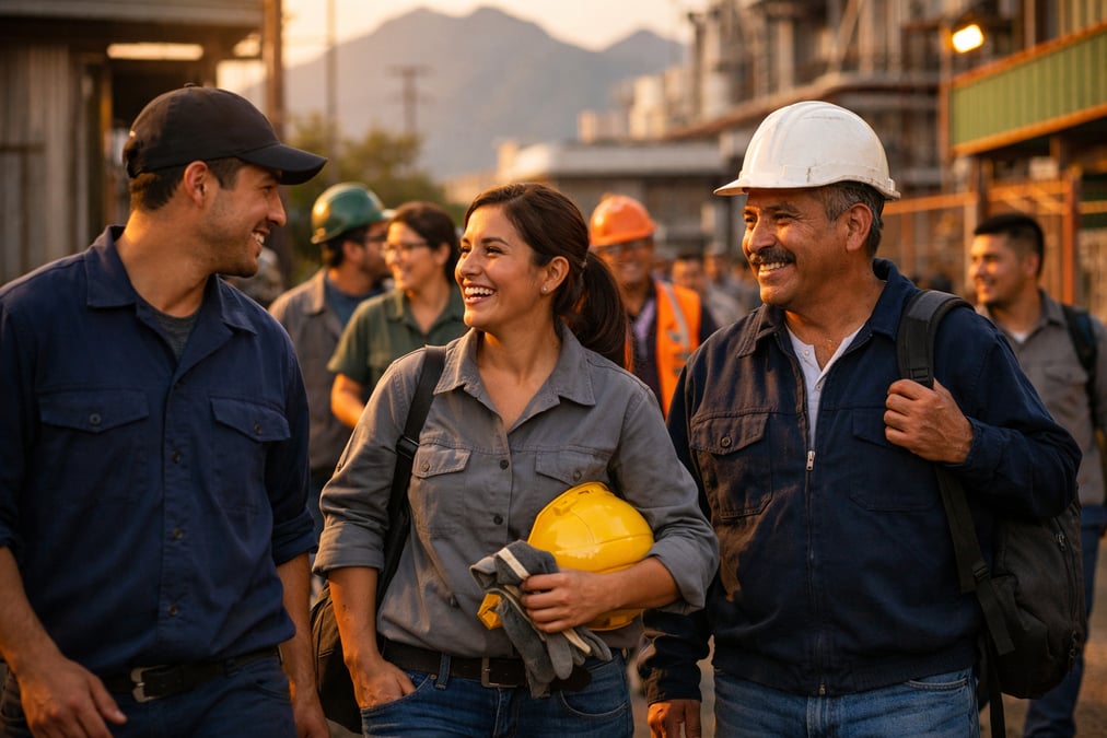 Mexican factory workers leaving a manufacturing plant at the end of a shift, golden hour light, industrial area in Monterrey