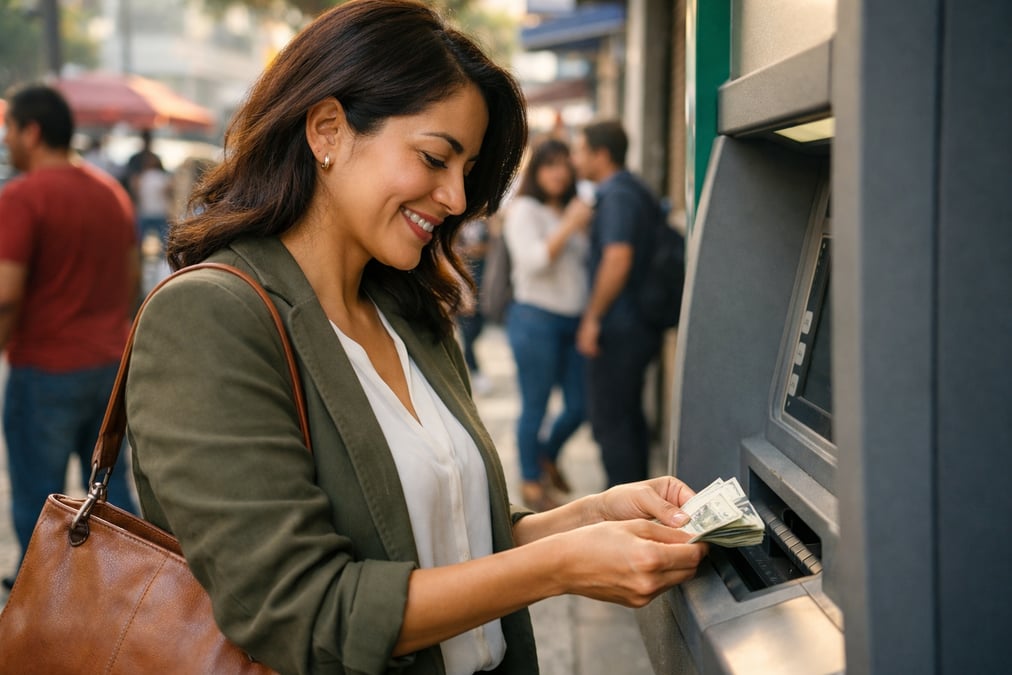 A Mexican woman at an ATM withdrawing cash on payday, busy city sidewalk behind her, morning light