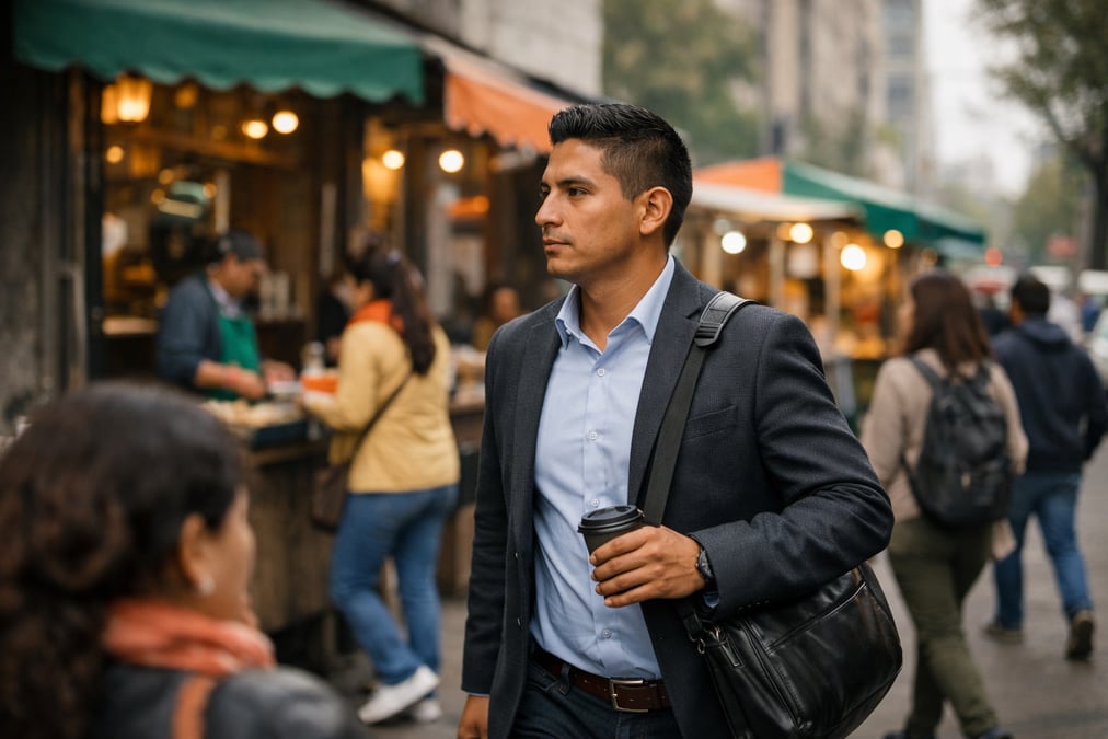 A young Mexican professional walking past a coffee shop and street food stands without stopping, looking ahead with purpose, busy Mexico City sidewalk