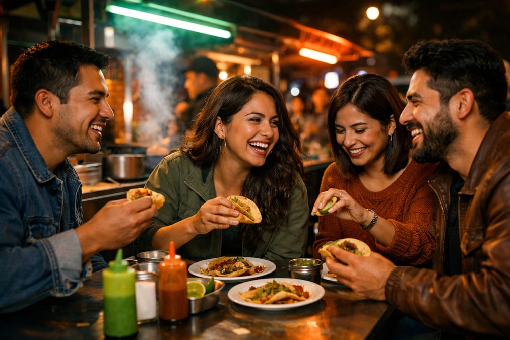 A group of Mexican friends sharing street tacos at a colorful outdoor taco stand at night, neon lights and steam, lively weekend atmosphere in Roma Norte neighborhood