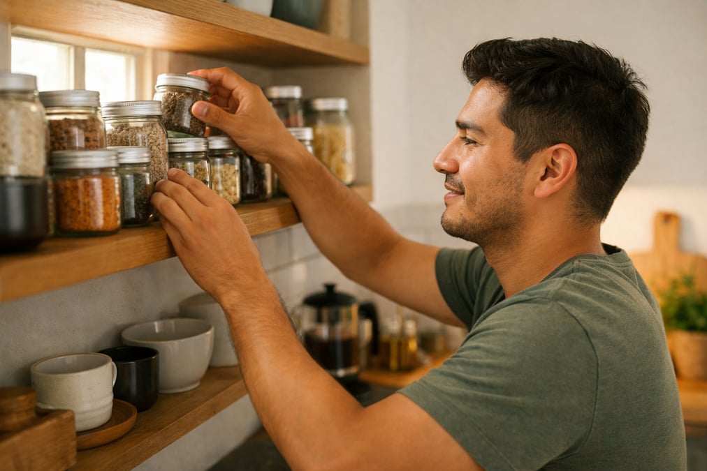 A Mexican young man organizing glass jars with labeled lids on a kitchen shelf, neat and minimal home, morning light streaming through a small window