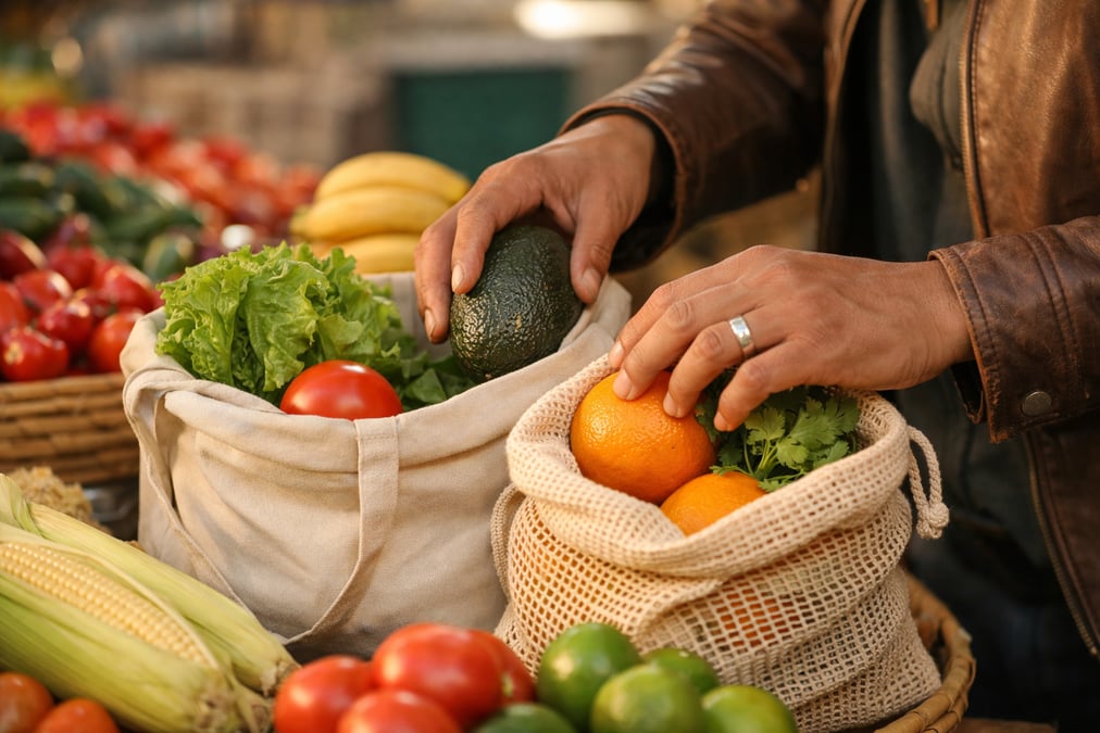 Close-up of hands placing fresh produce into reusable shopping bags at a Mexican mercado, colorful fruits and vegetables, warm natural lighting