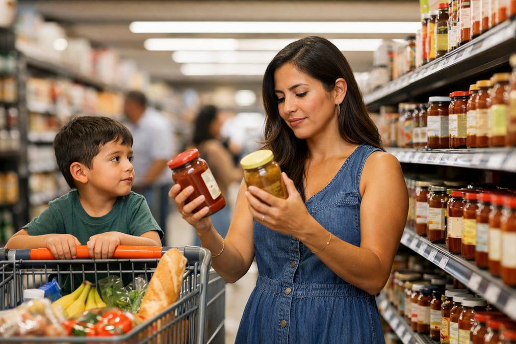A Mexican family shopping at a modern supermarket, mother comparing two products on a shelf, child in the cart