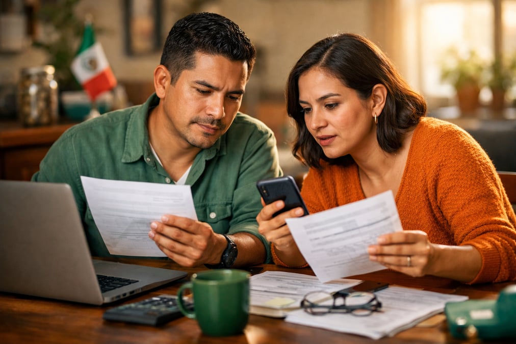 A Mexican accountant organizing folders and papers in a small home office, reading glasses on, desk lamp illumination