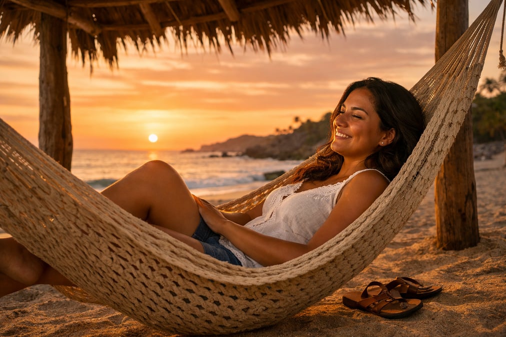 A Mexican woman relaxing in a hammock at a small beach palapa on the Pacific coast, sunset sky in warm orange tones, sandals on the sand below