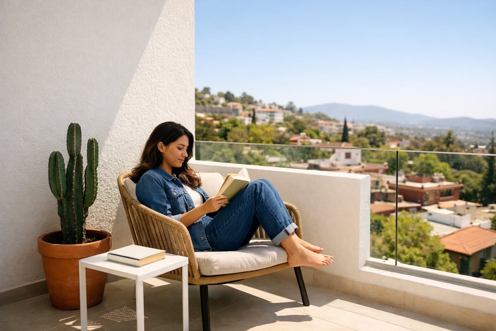 A clean minimalist Mexican apartment balcony with just a chair, a book, and a potted cactus