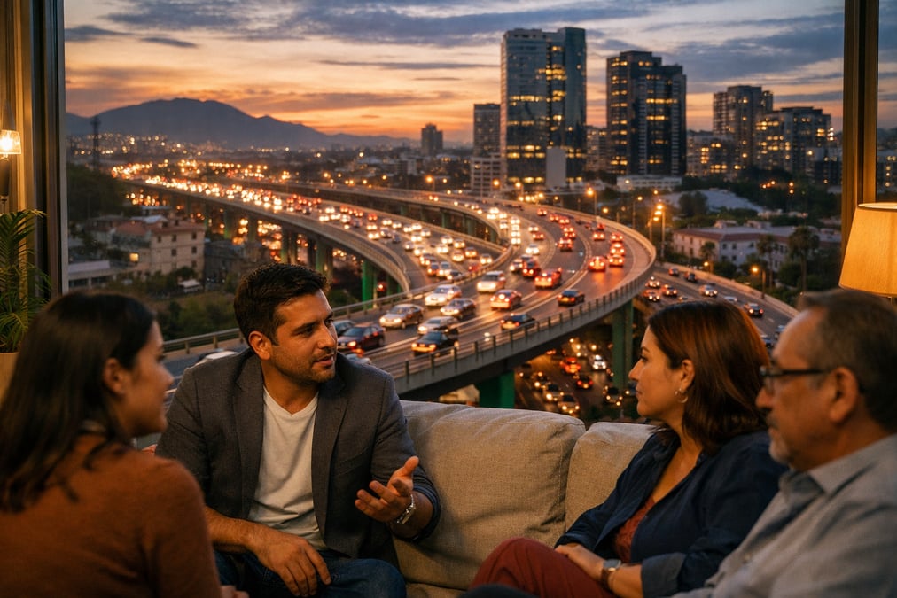 A panoramic view of a Mexican highway overpass with traffic flowing during rush hour, modern buildings in the background, twilight sky with orange and blue tones
