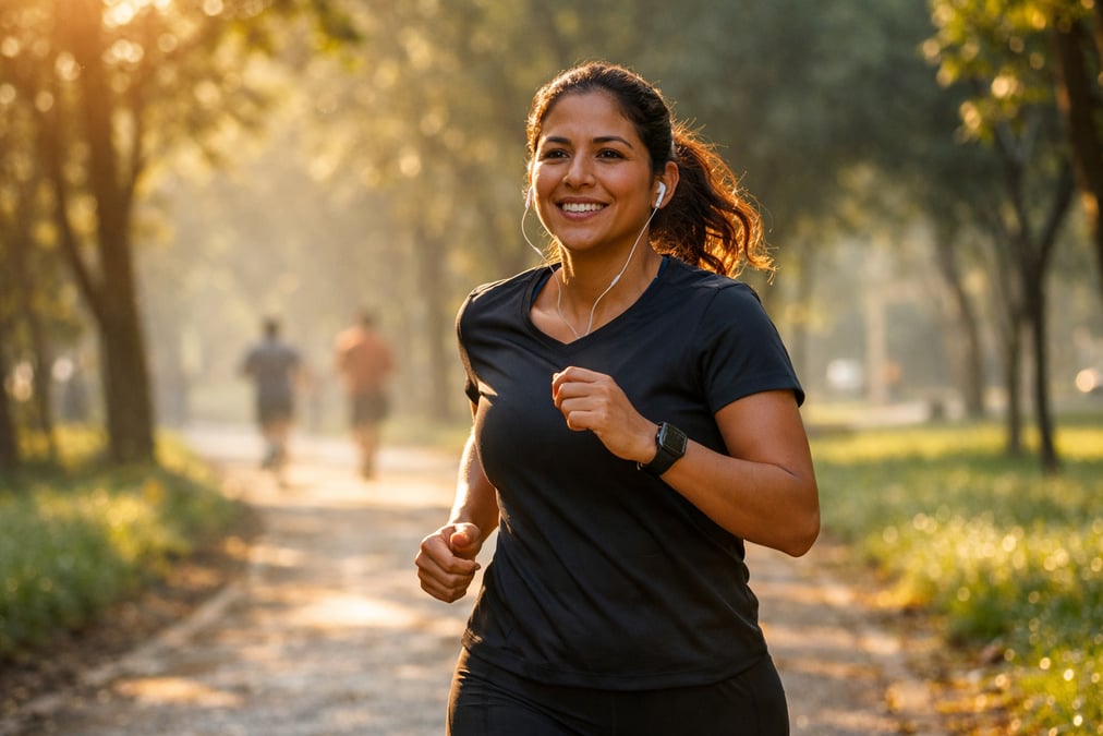 A Mexican woman jogging alone on a tree-lined path in Chapultepec park early morning, fresh air and dew on the grass, runners blurred in the distance