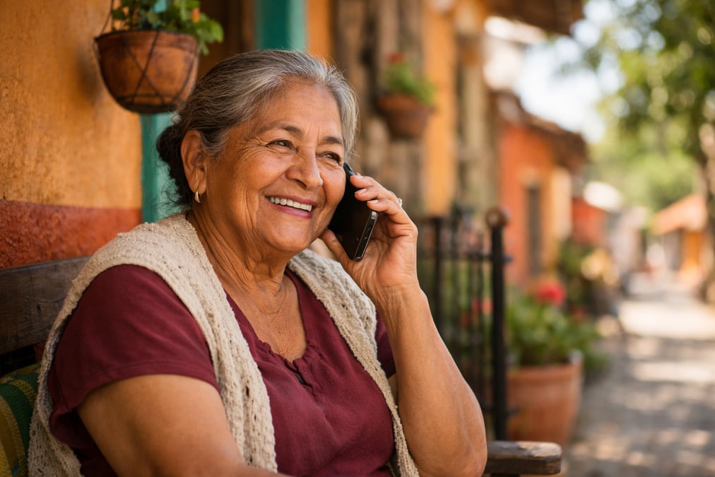 A Mexican grandmother receiving a phone call from family abroad, sitting on her porch in a small town, warm expression
