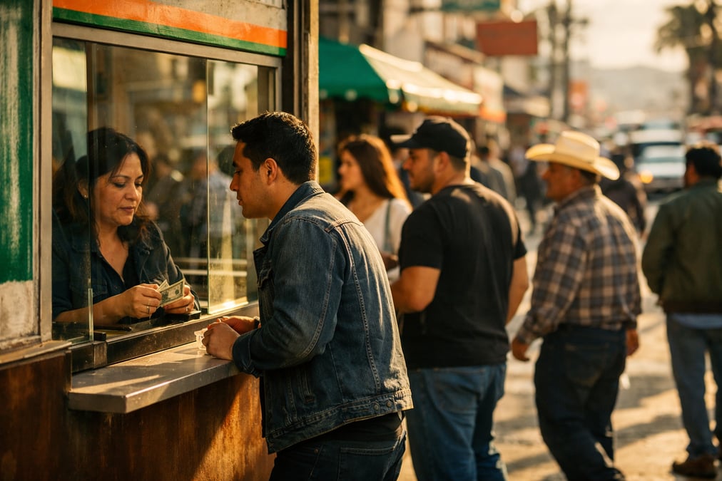 A Mexican currency exchange booth (casa de cambio) on a busy border-town street, people walking past, afternoon sun casting shadows